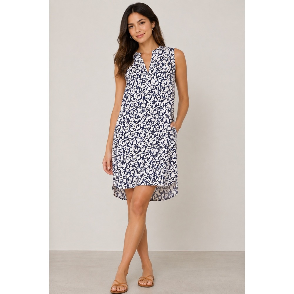 J.Crew Womens XS Navy White Abstract Print Sleeveless Shift Dress High Low Hem
